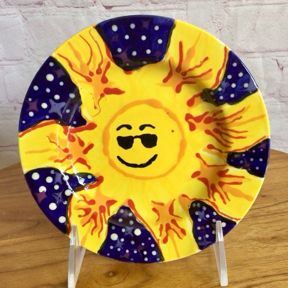 Hand Painted Yellow and Blue Sunburst Ceramic Accent Plate - Picture 1 of 7